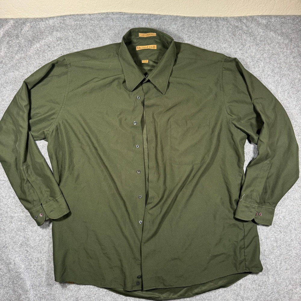 Milano Uomo Mens Dress Shirt 18 34/35 Olive Green Solid Long Sleeve Button Front